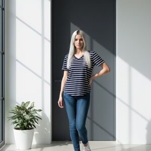 GAP Blue and White Striped V-Neck Tee